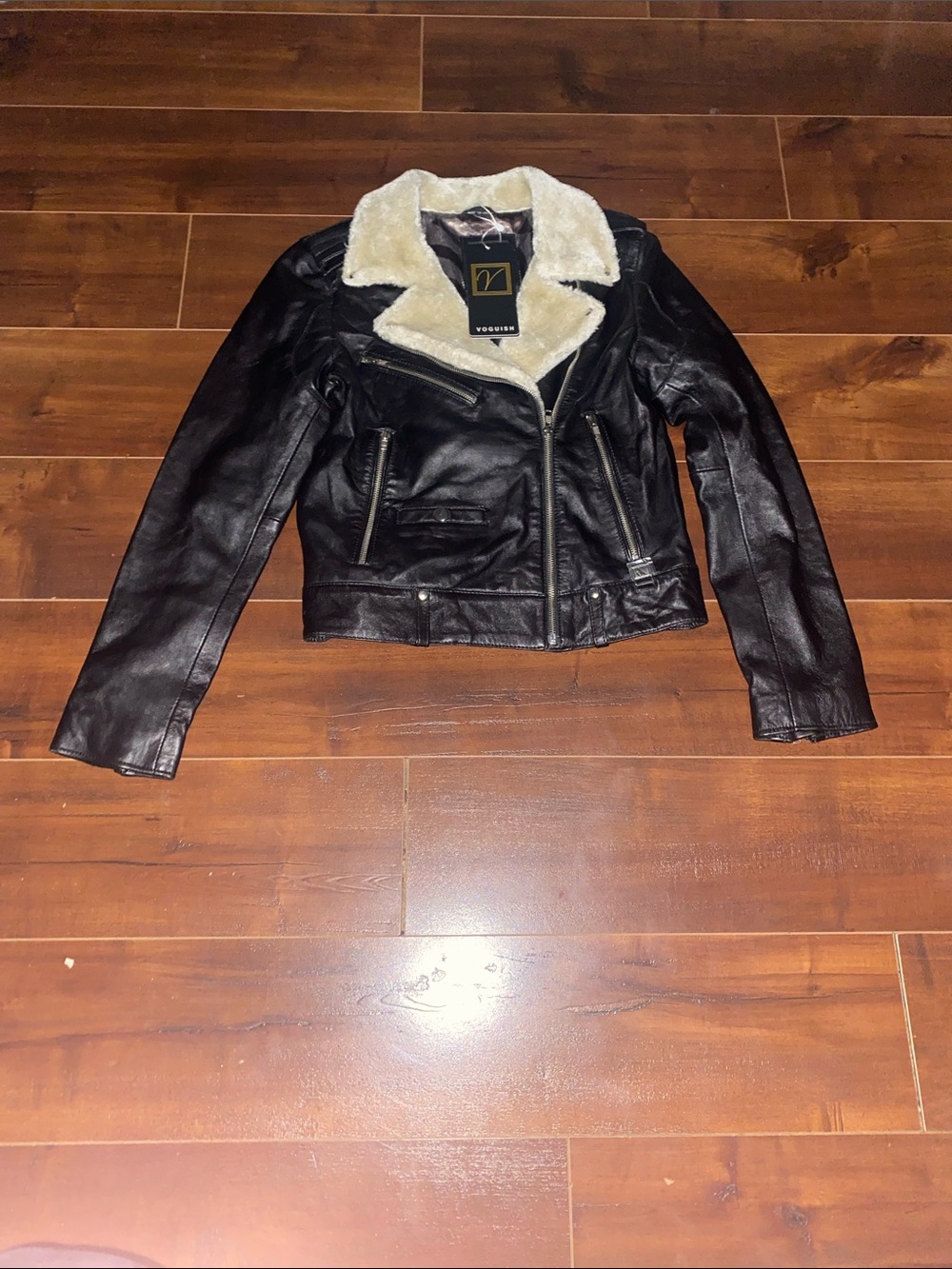 Black Faux Leather Moto Jacket with Cream Sherpa Collar